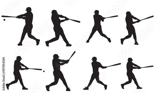 Set of eight silhouette illustrations of a baseball player swinging a bat, depicting the sequence of hitting a ball.