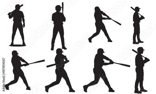 Set of eight black silhouette illustrations showcasing baseball players in different stances and actions during a game.