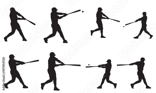 Eight black silhouette illustrations of baseball players demonstrating various batting actions and game moments.