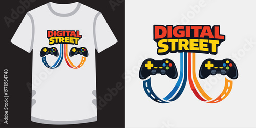 Digital street gaming t-shirt design with two controllers connected by lines.
