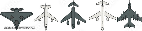 Cartoon aircraft in colorful vector illustration of fighter jets, bomber, transport planes, and aviation design