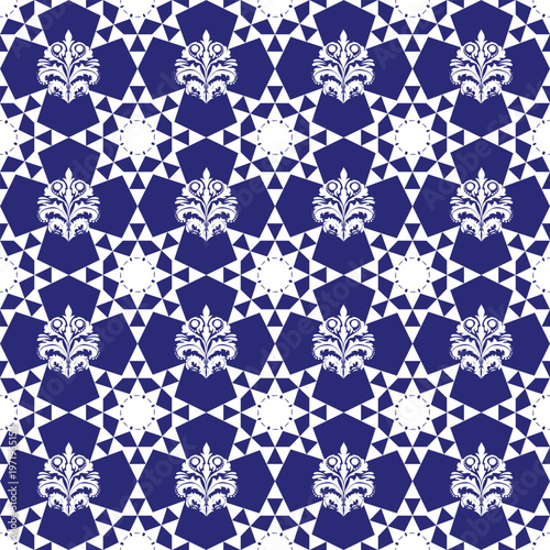 Seamless blue and white geometric pattern with vintage damask ornaments. Classic porcelain style decorative tile design for textile, fabric print, and elegant wallpaper.