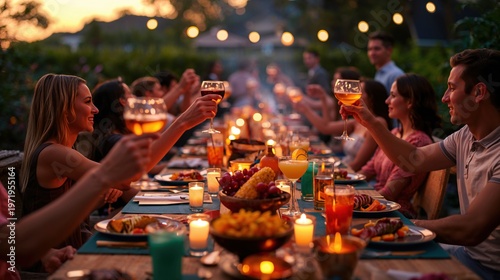 People toasting drinks at a dinner gathering outdoors at twilight