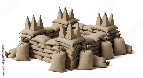A large fortified structure built from numerous sandbags and pointed pyramid-like sacks, isolated on a white background, representing defense or security.