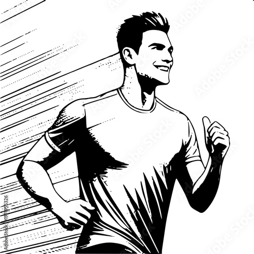 Solid black silhouette of energetic man jogging