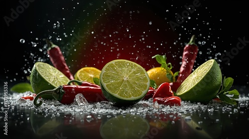 Limes, chili peppers, and lemons with water splash ingredients