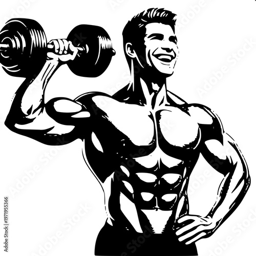 Healthy man lifting weights with triumphant smile outline