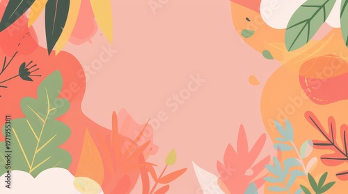 Peach background with colorful floral and leaf elements.