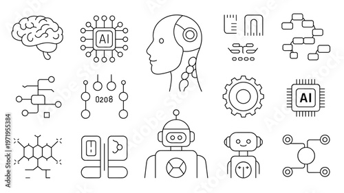 Minimal AI Line Icon Set Artificial Intelligence, Machine Learning and Data Symbols