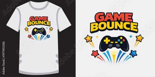Game bounce gaming t-shirt design featuring a controller and stars.