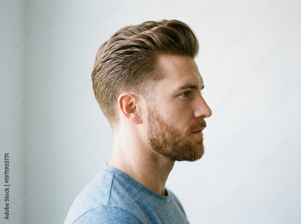 Fototapeta premium Profile of a Modern Man with Stylish Pompadour Hairstyle and Beard