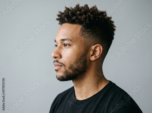 Young man with stylish afro fade haircut and beard, looking thoughtfully to the side against a soft gray background
