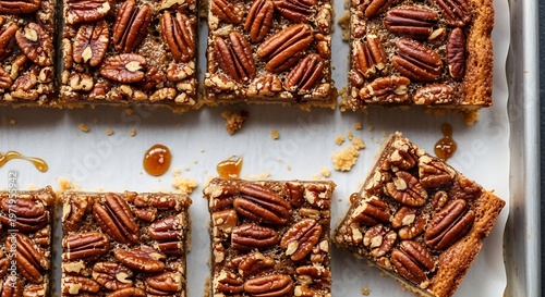 Delicious pecan bars arranged on a baking sheet overhead view