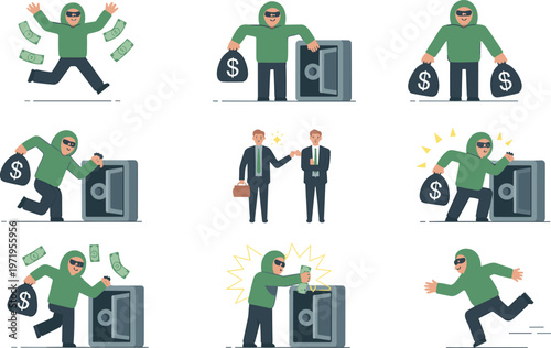 Cartoon crime scene in vector illustration of thief stealing money from safe with cash bags and escape design