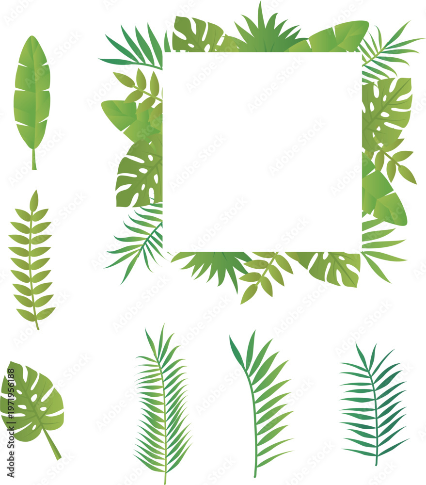 Fototapeta premium Tropical Summer Leaves Square Frame and Botanical Illustration Set