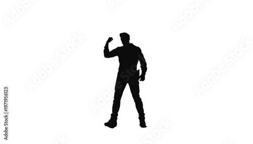 Man's silhouette stands confidently, flexing his bicep, showcasing strength and determination against a.