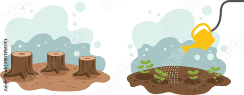 Cartoon environmental regeneration in vector illustration of deforestation stumps and reforestation plants with watering design