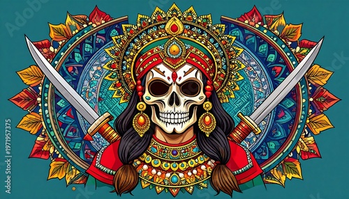 Intricate Skull Deity with Swords and Ornate Mandala Design.