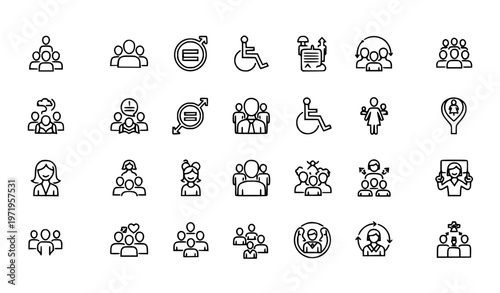 Diversity line icon set with monochrome inclusion equality and community symbols editable stroke vector
