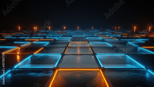 Geometric grid with glowing neon lines in blue and orange