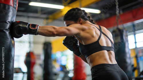 Muscular woman in sports bra training with heavy bag in gym. Back view of female boxer punching bag, showing muscle definition and strength.