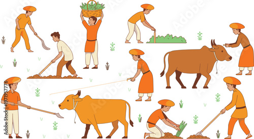 Cartoon traditional farming in vector illustration of farmers, oxen, tools, soil, crops, and rural agriculture design