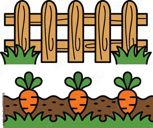 Cartoon vegetable garden in colorful vector illustration of carrots growing in soil with fence and grass design