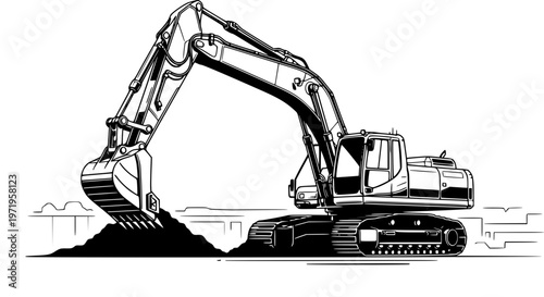 Detailed vector art of a robust excavator actively engaged in heavy duty digging and earthmoving operations