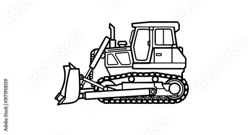 Line art illustration of a heavy-duty bulldozer, a powerful tracked construction vehicle with a front blade