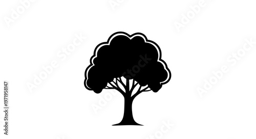 Simple silhouette of a mature tree with a full canopy against a white background
