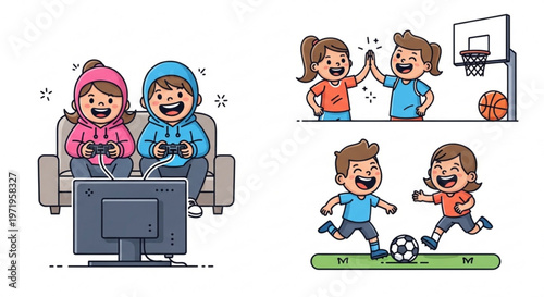 Children engaging in fun leisure activities at home and outdoors with friends