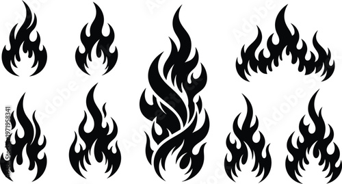 Black Flame Icons on White Background
