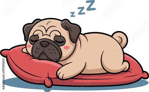 Cartoon sleeping pug in colorful vector illustration of cute dog resting on cushion with sleep symbols design