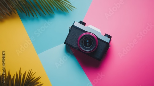 Retro camera on colorful background with palm leaves.