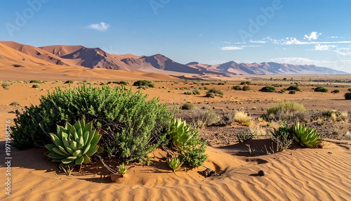 A desert landscape with sand dunes and green plants