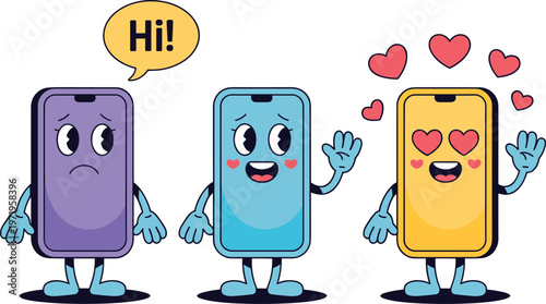Vector illustration of cartoon smartphones with expressive faces showing emotions and social interaction