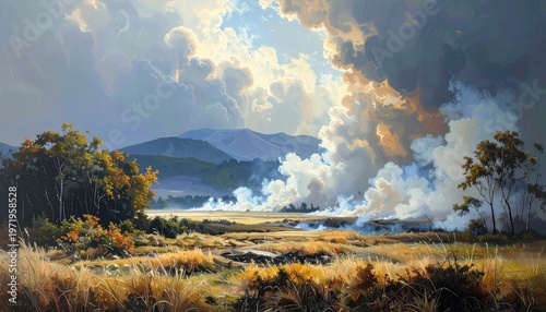 Landscape painting depicts fire burning in a golden field, under cloudy skies