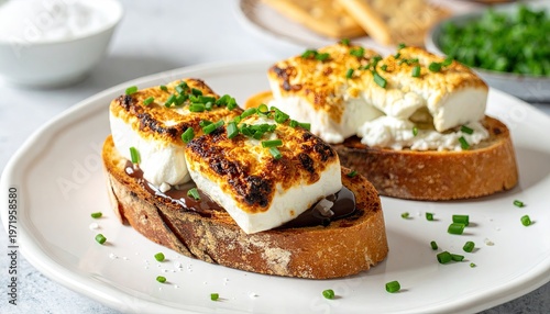 Grilled cheese on toast, chives, crackers, salt, and green garnish