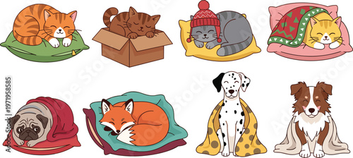 Illustration Set of Sleeping Pets Including Cats and Dogs in Cozy Poses with Blankets and Cushions for Animal, Pet Care, and Comfort Designs