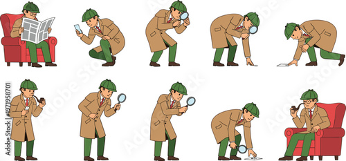 Illustration Set of Detective Character Investigating Clues with Magnifying Glass in Various Poses for Crime, Mystery, and Investigation Designs