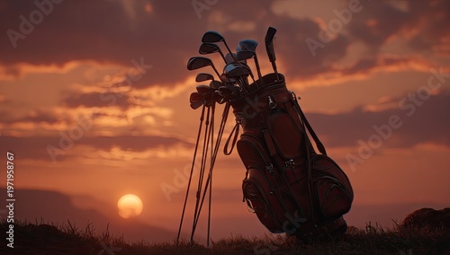 Golf bag and clubs silhouetted against a vibrant sunset (1)