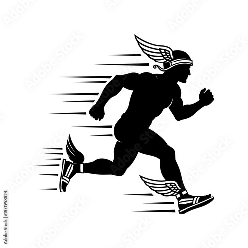 Dynamic silhouette of a running man with winged helmet and shoes.