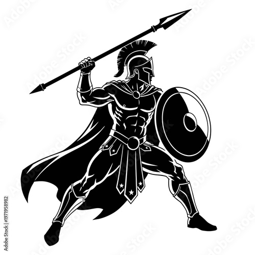 Powerful Spartan Warrior in Dynamic Pose with Spear and Shield.