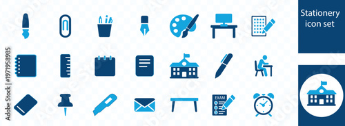 A collection of flat blue stationery icon set depictions including pens pencils rulers and schoolhouse imagery high quality professional detailed modern elegant stylish