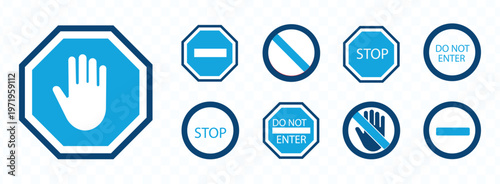 A collection of bright blue traffic signs including stop do not enter yield and prohibition symbols are displayed high quality professional detailed modern
