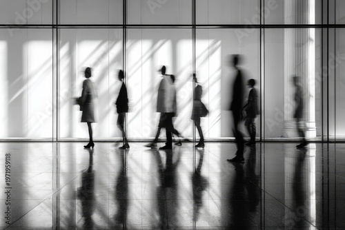 Silhouettes of people walking past a sunlit window wall, creating shadows