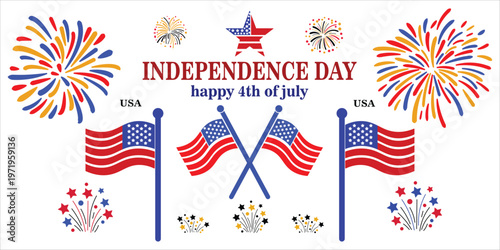 4th of July Independence Day Celebration, United States Flag With Fireworks And Flowers. Isolated on transparent background.