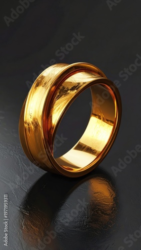 Shiny gold ring with a flowing, ribbon-like design on a dark surface
