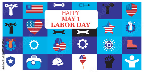 May 1 Labor Day celebration with work tools. May 1 vector illustration