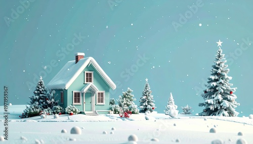 A snowy scene with a house, Christmas trees, and falling snow